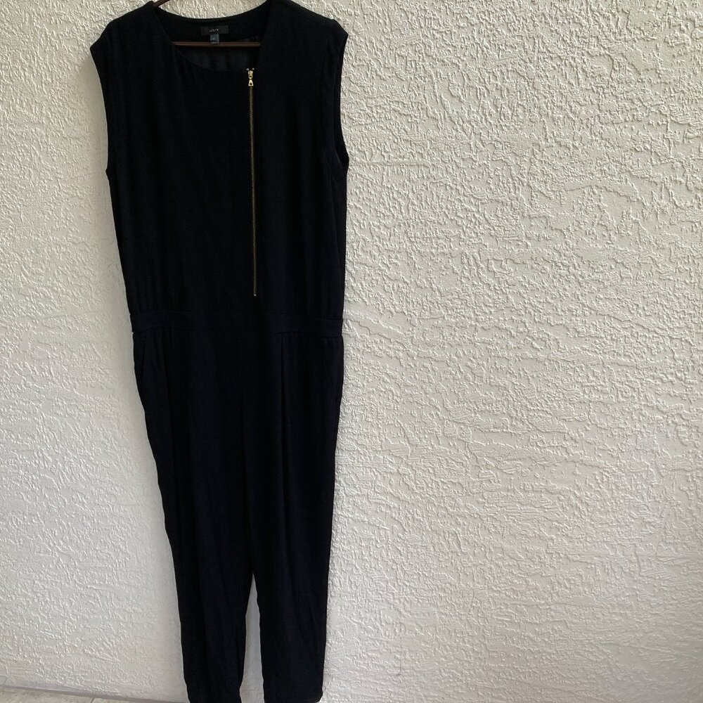 J. Crew Black JUMPSUIT Asymmetrical  Zipper Cap Sleeve  Sz 14T  TALL Sexy